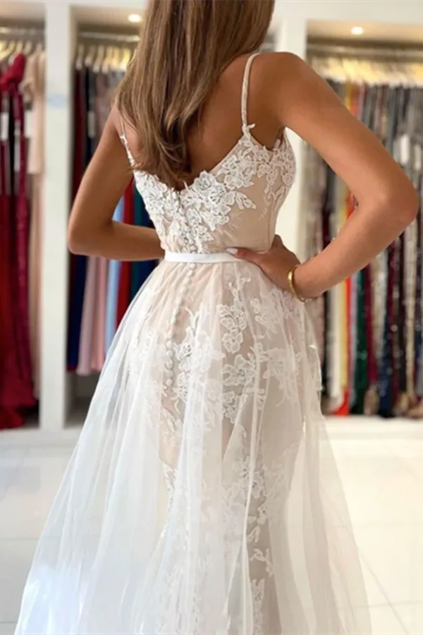 Anneprom Elegant V Neck Mermaid Open Back Champagne Lace long Prom Dresses, Champagne Lace Formal Graduation Evening Dresses APP0546