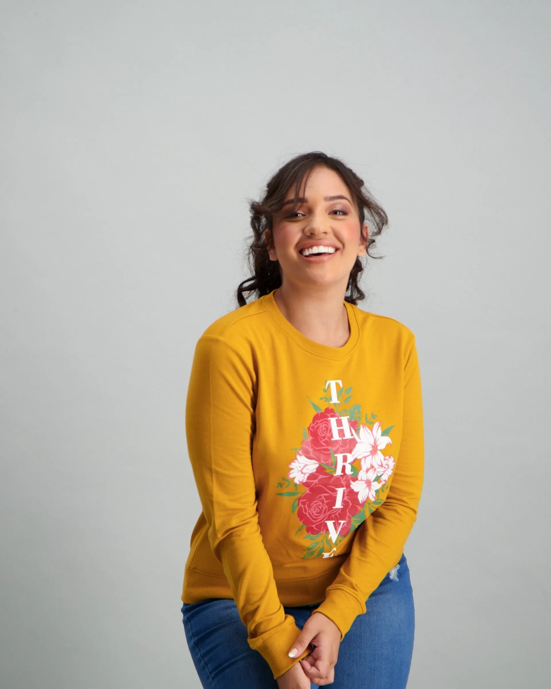 Ladies Thrive Slogan Flocked Top - Mustard