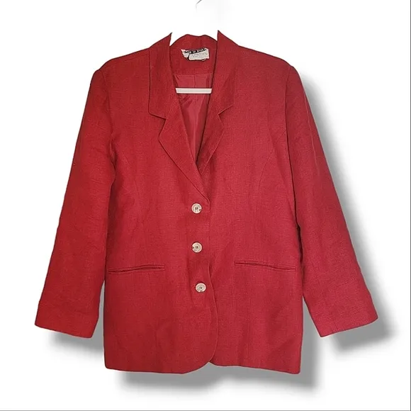 Red Linen Blend Blazer Long Sleeves Top Tailored Size 8/10 Red‎ Sophisticate