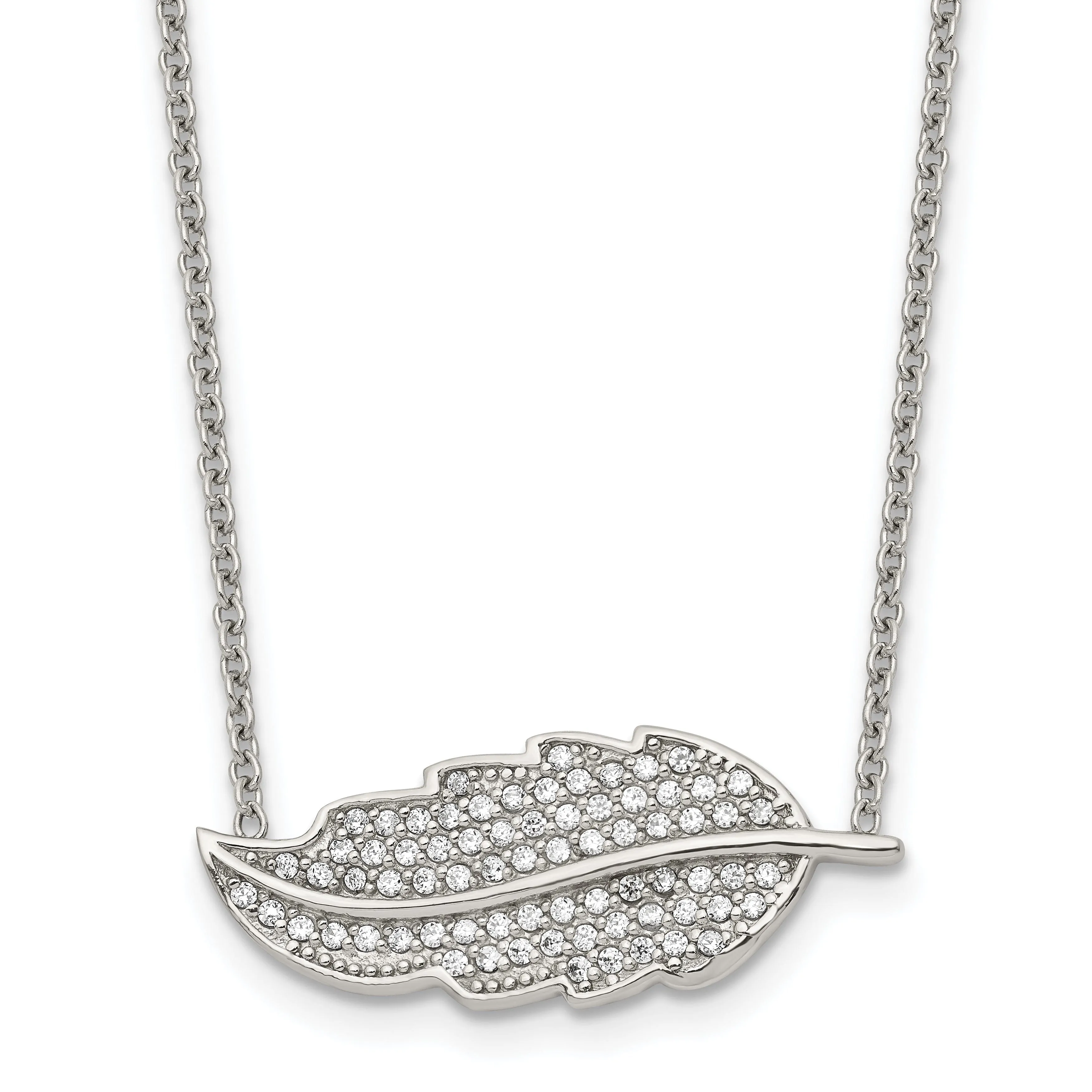 Stainless Steel Polished Leaf with CZs Necklace