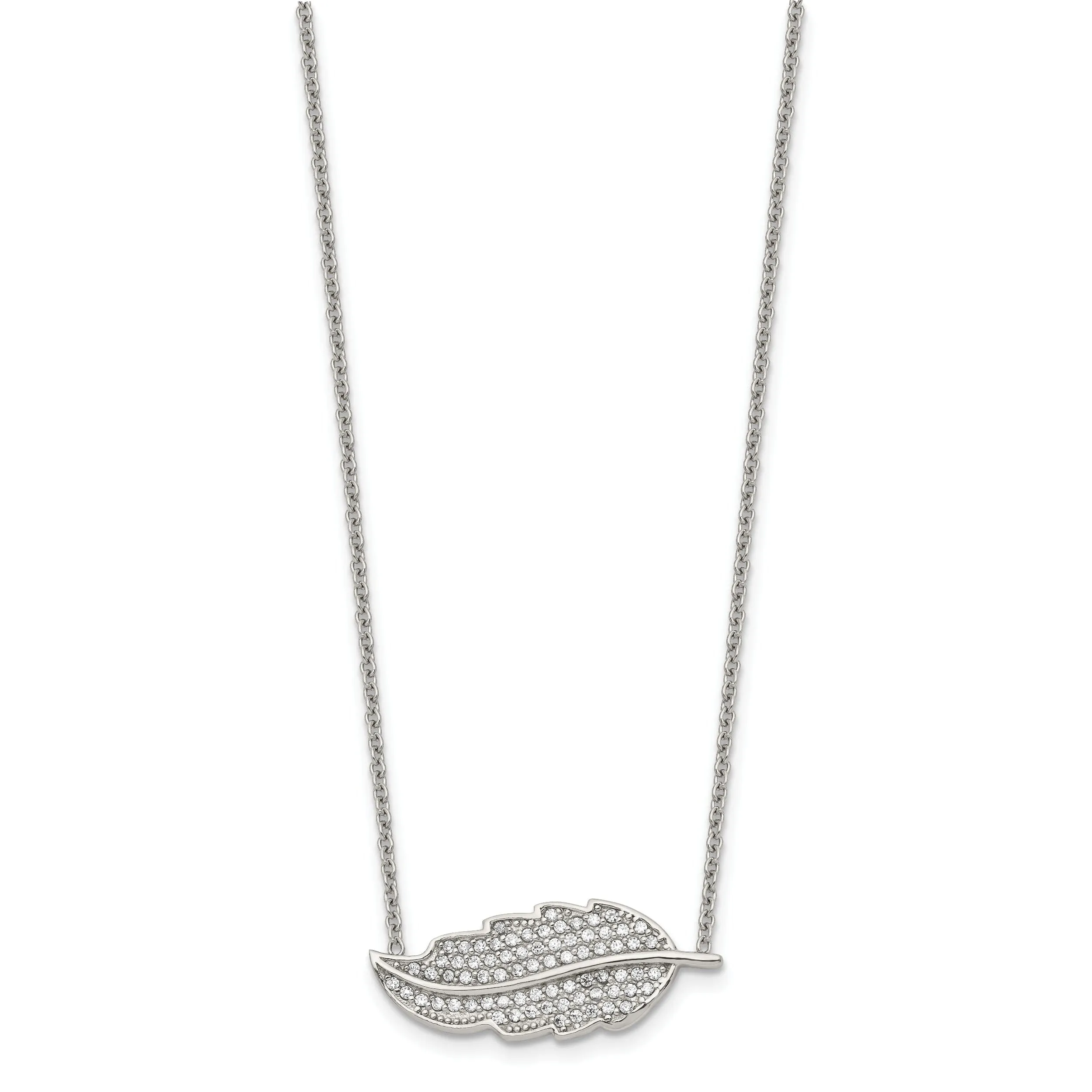 Stainless Steel Polished Leaf with CZs Necklace