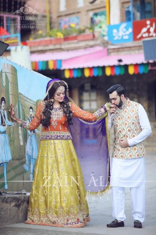 Stylish Mehndi Lahnga Choli in Orange Green And Purple Color Model # M 1810